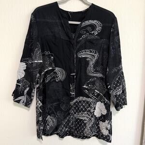 Dressori Womens Tunic Top M Black Koi Fish Asian Art to Wear 3/4 Sleeve Gauzey